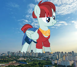 Size: 1920x1658 | Tagged: safe, artist:dragonchaser123, artist:jaredking779, edit, imported from derpibooru, valley glamour, pegasus, pony, background pony, bracelet, clothes, denim, denim shorts, female, giant pony, giantess, highrise ponies, irl, jewelry, macro, mare, midriff, necklace, photo, ponies in real life, shirt, shorts, singapore, skirt