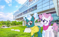 Size: 2048x1275 | Tagged: safe, artist:cheezedoodle96, artist:dragonchaser123, artist:jaredking779, edit, imported from derpibooru, bellflower blurb, raspberry latte, pony, unicorn, arkansas, clothes, duo, ear piercing, earring, female, glasses, irl, jewelry, library, little rock, mare, photo, piercing, ponies in real life, sweater