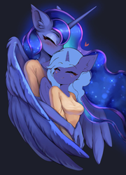 Size: 739x1024 | Tagged: safe, artist:dassboshit, artist:eiti3, artist:karmakstylez, artist:shoggoth-tan, edit, imported from derpibooru, princess luna, alicorn, anthro, 1000 hours in paint.net, affection, blushing, cuddling, cute, duality, eyes closed, female, filly, floating heart, foal, heart, hug, lunabetes, paint.net, self paradox, time paradox, winghug, wings, woona, young, younger