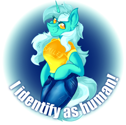 Size: 8601x8513 | Tagged: safe, artist:dankpegasista, imported from derpibooru, lyra heartstrings, anthro, pony, unicorn, absurd resolution, arm hooves, background pony, blue background, caption, clothes, denim, digital art, ear fluff, eye clipping through hair, eyelashes, female, heart, heart eyes, highlights, image macro, jeans, lineart, long hair, looking at you, mare, orange eyes, pants, png, s.m.i.l.e., shirt, simple background, smiling, smiling at you, solo, sticker, text, transparent background, wingding eyes