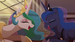 Size: 650x365 | Tagged: safe, artist:verawitch, deleted from derpibooru, imported from ponybooru, princess celestia, princess luna, alicorn, pony, a royal problem, crown, cute, cutelestia, duo, eyes closed, eyeshadow, female, hoof shoes, image, jewelry, laughing, laughingmares.jpg, lunabetes, makeup, mare, open smile, peytral, png, prone, regalia, royal sisters, scene interpretation, siblings, sisters