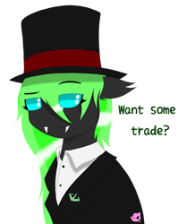Size: 2296x2630 | Tagged: safe, artist:mairiathus, artist:more by mairiathus, imported from twibooru, changeling, blue eyes, clothes, eyebrows, fangs, image, meme, png, signature, suit, tophat