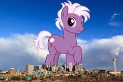 Size: 3072x2048 | Tagged: safe, artist:cheezedoodle96, artist:jaredking779, edit, imported from derpibooru, loganberry, earth pony, pony, background pony, colorado, denver, friendship student, giant pony, giant/macro earth pony, high res, highrise ponies, irl, looking at you, macro, male, mega giant, photo, ponies in real life, raised hoof, smiling, solo, stallion