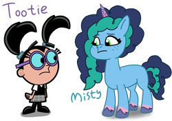 Size: 3066x2160 | Tagged: safe, imported from derpibooru, human, pony, unicorn, cartoon, character, crossover, digital art, digitizing art, duo, duo female, fanart, female, g5, glasses, meeting, misty, my little pony: tell your tale, simple background, text, the fairly oddparents, tootie, transparent background