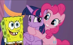 Size: 1280x788 | Tagged: safe, edit, edited screencap, imported from derpibooru, screencap, pinkie pie, twilight sparkle, alicorn, earth pony, pony, the summer sun setback, crossover, crossover shipping, hug, shipping, sponge, spongebob squarepants, spongebob squarepants (character), spongepie, spongetwi, twilight sparkle (alicorn)