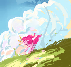 Size: 1280x1203 | Tagged: safe, artist:megalura, imported from derpibooru, pinkie pie, earth pony, pony, cloud, grass, grass field, sky, solo