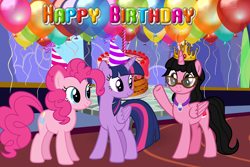 Size: 3000x2000 | Tagged: safe, artist:andoanimalia, artist:creaciones-jean, artist:deyrasd, artist:estories, artist:melisareb, artist:user15432, imported from derpibooru, pinkie pie, twilight sparkle, oc, oc:aaliyah, alicorn, earth pony, pony, aaliyah, amulet, balloon, birthday, birthday cake, birthday party, cake, candle, crown, food, glasses, happy birthday, hat, jewelry, necklace, party, party hat, regalia, smiling, trio, twilight sparkle (alicorn), twilight's castle