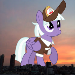 Size: 2048x2048 | Tagged: safe, artist:dragonchaser123, artist:jaredking779, edit, imported from derpibooru, appointed rounds, pegasus, pony, background pony, cap, clothes, female, folded wings, giant pony, giantess, hat, high res, irl, japan, macro, mailmare, mailmare hat, mare, photo, ponies in real life, raised hoof, solo, tokyo, wings