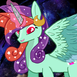 Size: 1280x1280 | Tagged: safe, imported from derpibooru, oc, oc only, oc:skycandy, alicorn, pony, female, glow, glowing horn, horn, moon, smiling, solo, spread wings, wings