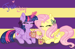 Size: 3000x1975 | Tagged: safe, artist:lostsheep, imported from derpibooru, fluttershy, twilight sparkle, alicorn, pegasus, pony, blushing, chocolate, duo, duo female, eyes closed, female, folded wings, food, glowing, glowing horn, horn, hot chocolate, lesbian, levitation, magic, magic aura, marshmallow, mug, shipping, telekinesis, twilight sparkle (alicorn), twishy, wings