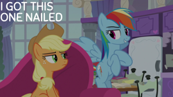 Size: 1920x1080 | Tagged: safe, edit, edited screencap, editor:quoterific, imported from derpibooru, screencap, applejack, rainbow dash, earth pony, pegasus, pony, non-compete clause, applejack is not amused, applejack's hat, boasting, cocky, confident, cowboy hat, duo, duo female, female, flying, freckles, frown, grin, hat, hoof on chest, looking at each other, looking at someone, mare, school of friendship, smiling, unamused