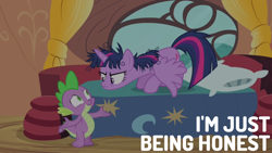 Size: 1920x1080 | Tagged: safe, edit, edited screencap, editor:quoterific, imported from derpibooru, screencap, spike, twilight sparkle, alicorn, dragon, pony, inspiration manifestation, angry, bed, dishevelled, duo, duo male and female, female, frown, golden oaks library, male, mare, messy mane, pillow, shrug, smiling, twilight sparkle (alicorn), twilight sparkle is not amused, unamused, window