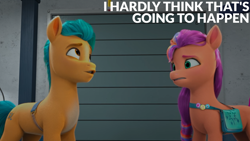 Size: 2000x1125 | Tagged: safe, edit, edited screencap, editor:quoterific, imported from derpibooru, screencap, hitch trailblazer, sunny starscout, earth pony, pony, spoiler:my little pony: make your mark, spoiler:my little pony: make your mark chapter 2, spoiler:myms01e07, bag, duo, duo male and female, female, fluttershy's cutie mark, g5, gritted teeth, hoof done it?, looking at someone, looking up, male, mane stripe sunny, mare, my little pony: make your mark, my little pony: make your mark chapter 2, pale belly, rainbow dash's cutie mark, saddle bag, stallion, teeth, tempting fate, twilight sparkle's cutie mark, worried