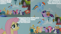 Size: 2000x1125 | Tagged: safe, edit, edited screencap, editor:quoterific, imported from derpibooru, screencap, applejack, fluttershy, owlowiscious, pinkie pie, rainbow dash, rarity, twilight sparkle, bird, earth pony, owl, pegasus, pony, unicorn, owl's well that ends well, applejack's hat, bowtie, confused, cowboy hat, eyes closed, female, flying, golden oaks library, gritted teeth, hat, implied spike, male, mane six, mare, open mouth, open smile, smiling, teeth, unicorn twilight