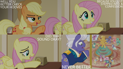 Size: 2000x1125 | Tagged: safe, edit, edited screencap, editor:quoterific, imported from derpibooru, screencap, applejack, flam, flim, fluttershy, gladmane, trapeze star, earth pony, pegasus, pony, unicorn, viva las pegasus, brothers, caught, confession, female, flim flam brothers, flying, grin, intercom, male, mare, oh crap, open mouth, open smile, palindrome get, siblings, smiling, spread wings, stallion, unamused, wings