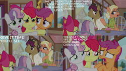 Size: 2000x1125 | Tagged: safe, edit, edited screencap, editor:quoterific, imported from derpibooru, screencap, apple bloom, mane allgood, scootaloo, snap shutter, sweetie belle, earth pony, pegasus, pony, unicorn, the last crusade, apple bloom's bow, bow, crying, cutie mark crusaders, despair, female, filly, foal, frown, hair bow, male, mare, open mouth, open smile, reassurance, sad, scootaloo's parents, scootasad, smiling, stallion