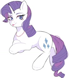 Size: 1233x1397 | Tagged: safe, artist:freyamilk, imported from derpibooru, rarity, pony, unicorn, :p, cute, female, jewelry, looking at you, mare, necklace, pearl necklace, raribetes, simple background, smiling, smiling at you, solo, tongue out, white background