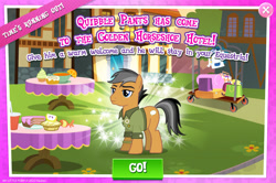 Size: 1962x1302 | Tagged: safe, imported from derpibooru, quibble pants, earth pony, pony, advertisement, clothes, english, gameloft, male, mobile game, my little pony: magic princess, official, shirt, solo, solo focus, stallion, text
