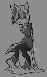 Size: 1133x1839 | Tagged: safe, artist:lexhanley, imported from derpibooru, oc, oc only, oc:skyfall, anthro, unicorn, anthro oc, clothes, cravat, female, glue, horn, latex, latex boots, latex suit, monochrome, sketch, solo, unicorn oc