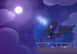 Size: 2970x2100 | Tagged: safe, artist:candy meow, imported from derpibooru, princess luna, alicorn, pony, canterlot, canterlot castle, cloud, crown, female, glowing, glowing horn, high res, horn, jewelry, magic, mare, moon, night, raised hoof, regalia, solo, spread wings, stars, wings