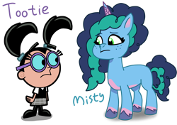 Size: 3066x2160 | Tagged: safe, imported from derpibooru, human, pony, unicorn, cartoon, character, crossover, digital art, digitizing art, drawing, duo, duo female, fanart, female, g5, glasses, meeting, misty brightdawn, my little pony: tell your tale, simple background, text, the fairly oddparents, tootie, transparent background, updated