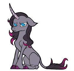 Size: 2374x2280 | Tagged: safe, artist:swayedy, imported from derpibooru, classical unicorn, unicorn, them's fightin' herds, cloven hooves, community related, female, frown, grumpy, leonine tail, nose wrinkle, oleander (tfh), oleander is not amused, simple background, sitting, solo, unamused, unshorn fetlocks, white background