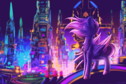 Size: 4000x2667 | Tagged: safe, artist:shad0w-galaxy, imported from derpibooru, oc, oc only, oc:shadow galaxy, pegasus, pony, chest fluff, city, cyberpunk, ethereal mane, female, folded wings, high res, hooves, looking away, mare, neon, solo, starry eyes, starry mane, unshorn fetlocks, wingding eyes, wings