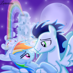 Size: 1300x1300 | Tagged: safe, artist:mlplary6, imported from derpibooru, rainbow dash, soarin', pegasus, pony, duo, female, holding, looking at each other, looking at someone, love, male, mare, moon, moonlight, rainbow dash's house, romantic, shipping, smiling, smiling at each other, soarindash, stallion, straight