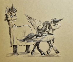 Size: 2830x2418 | Tagged: safe, artist:cahandariella, imported from derpibooru, oc, pegasus, pony, unicorn, clothes, duo, fanfic art, ink drawing, inktober, shipping, sketch, sternocleidomastoid, traditional art