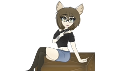 Size: 3840x2160 | Tagged: safe, artist:straighttothepointstudio, imported from derpibooru, oc, oc only, anthro, earth pony, 4k, anime, anthro oc, bandage, beretta, box, brown hair, clothes, crate, crossed legs, digital art, ear fluff, earth pony oc, eyebrows, female, g5, glasses, gun, handgun, high res, looking at you, m9, open mouth, orange eyes, pistol, raised eyebrow, shirt, short hair, shorts, simple background, solo, stockings, thigh highs, transparent background, weapon