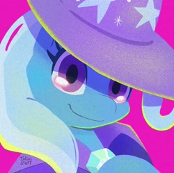Size: 1250x1244 | Tagged: safe, artist:talimingi, imported from derpibooru, trixie, pony, unicorn, brooch, bust, cape, clothes, female, hat, jewelry, looking at you, mare, pink background, portrait, signature, simple background, smiling, smiling at you, solo, trixie's brooch, trixie's cape, trixie's hat