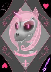 Size: 2480x3508 | Tagged: safe, artist:seizachan, imported from derpibooru, oc, oc only, pony, skeleton pony, unicorn, bone, bust, card, female, glowing, glowing eyes, glowing horn, horn, looking at you, magic, magic aura, mare, portrait, skeleton, solo
