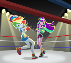 Size: 900x798 | Tagged: safe, artist:sapphiregamgee, imported from derpibooru, aria blaze, rainbow dash, human, equestria girls, ass, boxing, boxing gloves, boxing ring, boxing shorts, butt, commission, female, midriff, sleeveless, slim, sports, sweat, thin