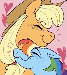 Size: 1700x1900 | Tagged: safe, artist:macrumbs, imported from derpibooru, applejack, rainbow dash, appledash, colored, eyes closed, female, hat, heart, lesbian, nuzzling, shipping, simple background