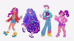 Size: 2048x1145 | Tagged: safe, artist:iksiudodi_, imported from derpibooru, izzy moonbow, pipp petals, sunny starscout, zipp storm, human, equestria girls, backpack, bag, boots, braid, chubby, clothes, curly hair, denim, dress, female, floral head wreath, flower, g5, glasses, height difference, high heels, human pipp petals, humanized, jacket, jeans, midriff, pants, purse, roller skates, shoes, shorts, simple background, skates, skinny, skirt, sneakers, socks, tall, wavy hair, white background