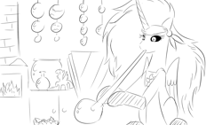 Size: 1920x1080 | Tagged: safe, artist:truffle shine, imported from derpibooru, daybreaker, alicorn, pony, bandana, broken glass, clothes, cmc world conquest timeline, fire, fireplace, fishbowl, glass, gloves, simple background, sketch, solo, vase, white background