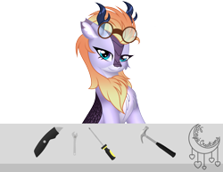 Size: 3500x2700 | Tagged: safe, artist:laceycassidy97, imported from derpibooru, oc, oc only, oc:nova brisk, hybrid, kirin, glasses, hammer, kirin oc, knife, screwdriver, simple background, solo, tools, transparent background, wrench