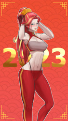 Size: 1872x3329 | Tagged: safe, artist:guyser3, imported from derpibooru, sunset shimmer, human, 2023, alternate hairstyle, belly button, clothes, female, high res, humanized, lunar new year, solo