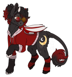 Size: 1800x1923 | Tagged: safe, artist:cackling-beast, imported from derpibooru, oc, oc only, oc:lunar moth, changeling, pony, bat wings, black and red mane, black coat, changeling oc, cheek fluff, chest fluff, clothes, glasses, hoodie, horns, long tail, raised hoof, simple background, socks, solo, sternocleidomastoid, tail, tied hair, transparent background, unshorn fetlocks, watermark, wings