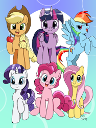 Size: 768x1024 | Tagged: safe, color edit, edit, imported from derpibooru, seven seas, applejack, fluttershy, pinkie pie, rainbow dash, rarity, twilight sparkle, alicorn, earth pony, pegasus, pony, unicorn, my little pony: the manga, colored, gradient background, mane six, sketch gallery, twilight sparkle (alicorn)