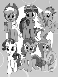 Size: 768x1024 | Tagged: safe, alternate version, imported from derpibooru, seven seas, applejack, fluttershy, pinkie pie, rainbow dash, rarity, twilight sparkle, alicorn, earth pony, pegasus, pony, unicorn, my little pony: the manga, female, grayscale, mane six, monochrome, sketch gallery, spread wings, twilight sparkle (alicorn), wings