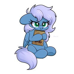 Size: 2000x2000 | Tagged: safe, artist:goyini01, imported from derpibooru, oc, oc only, oc:vesperal breeze, pegasus, pony, female, grumpy, mare, necronomicon, pegasus oc, pouting, simple background, sitting, solo, white background