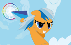 Size: 1120x714 | Tagged: safe, artist:ncolque, edit, imported from derpibooru, screencap, oc, oc:sunlight mist, pegasus, pony, cloud, epic face, multicolored mane, multicolored trail, nose dive, sky, smiling, sonic rainboom