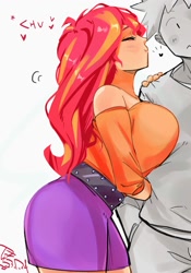 Size: 1400x2000 | Tagged: safe, artist:sozglitch, imported from derpibooru, sunset shimmer, oc, oc:generic messy hair anime anon, human, bare shoulders, belt, big breasts, breasts, busty sunset shimmer, canon x oc, cheek kiss, chu, clothes, cute, female, heart, huge breasts, humanized, kissing, male, shimmerbetes, simple background, smiling, straight, white background