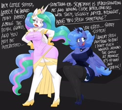 Size: 2300x2070 | Tagged: safe, artist:flutterthrash, imported from derpibooru, princess celestia, princess luna, alicorn, anthro, big breasts, black background, blatant lies, breasts, busty princess celestia, busty princess luna, clothes, crown, dialogue, dress, duo, duo female, female, gloves, high heels, implied guardluna, jewelry, necklace, regalia, royal sisters, s1 luna, shoes, siblings, simple background, sisters, speech, stockings, sweat, sweatdrop, talking, text, thigh highs, tiara