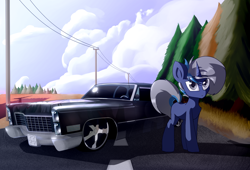 Size: 2500x1700 | Tagged: safe, artist:rainydark, imported from derpibooru, oc, oc only, unnamed oc, pony, unicorn, blue background, cadillac, car, digital art, eyebrows, eyebrows visible through hair, gray eyes, grey hair, high res, horn, light, long hair, long tail, looking up, male, road, shadow, solo, stallion, tail, unicorn oc