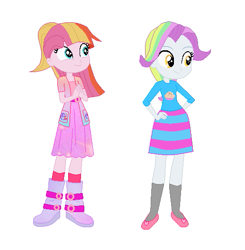 Size: 517x527 | Tagged: safe, artist:leahrow, artist:selenaede, imported from derpibooru, coconut cream, toola roola, human, equestria girls, base used, boots, clothes, cutie mark on clothes, dress, hand on hip, hands together, shoes, simple background, smiling, white background