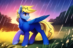 Size: 3072x2048 | Tagged: safe, imported from derpibooru, oc, oc only, oc:thunder lightning, pegasus, pony, ai content, ai generated, grass, grass field, male, pegasus oc, rain, solo, sunset, unshorn fetlocks
