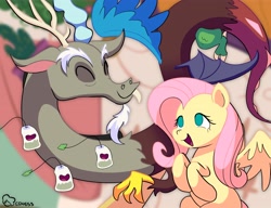 Size: 4096x3140 | Tagged: safe, artist:beeness_, imported from derpibooru, discord, fluttershy, draconequus, pegasus, pony, discordant harmony, animate object, beard, duo, duo male and female, eyebrows, facial hair, female, food, ginseng teabags, high res, male, mare, mismatched wings, open mouth, open smile, signature, smiling, spread wings, tea, wings