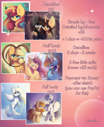 Size: 2700x3300 | Tagged: safe, artist:miryelis, imported from derpibooru, applejack, fluttershy, rainbow dash, sunset shimmer, oc, earth pony, pegasus, pony, unicorn, advertisement, bust, commission, commission info, cute, duo, flower, full body, hat, horn, looking at you, price list, price sheet, smiling, smiling at you, solo, text, wings